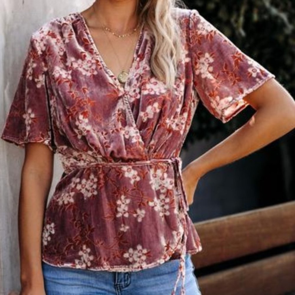 Vici Collection Floral Boho Velvet Burnout Dusty Rose Wrap Top